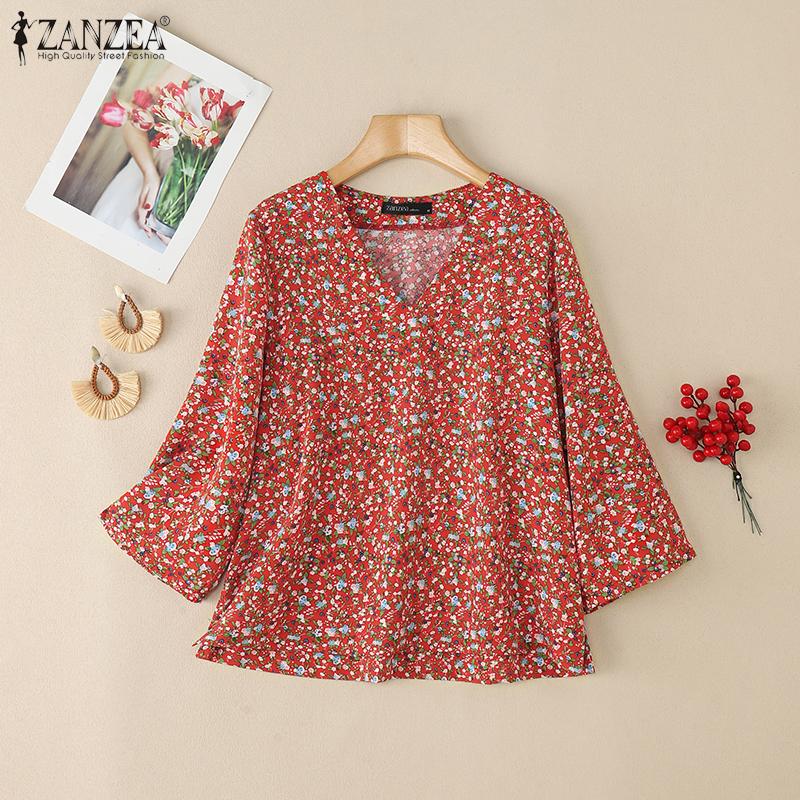 ZANZEA Women Casual V-Neck Loose 3/4 Sleeve Floral Blouse