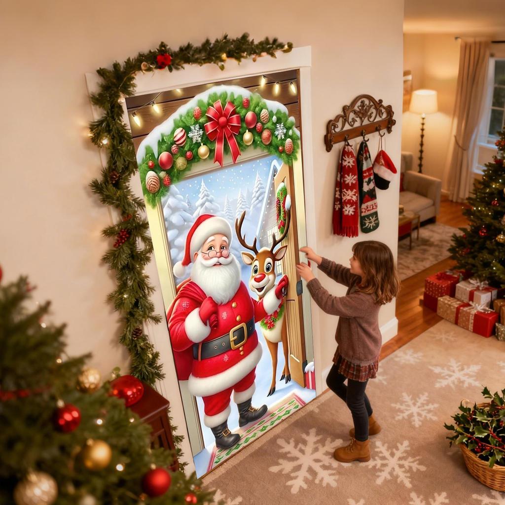 Christmas Door Cover Decorations Santa Claus Send Gift Background Banner for Indoor Outdoor Home Porch Holiday Decor Supplies