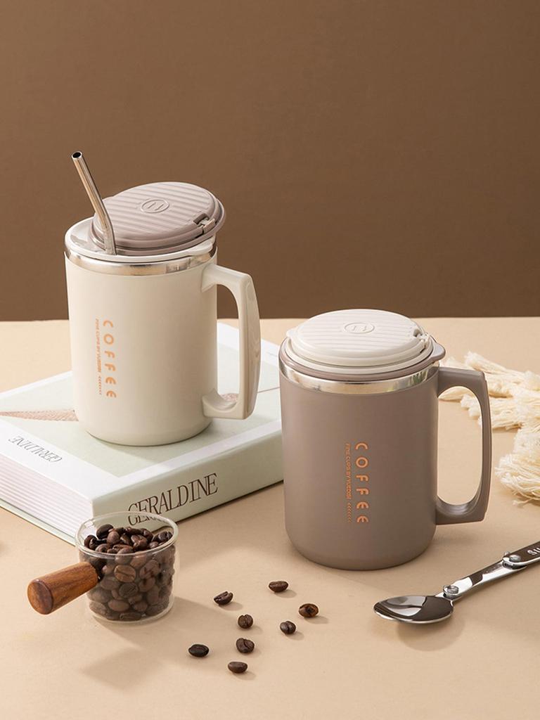 480ml 304 Stainless Steel Coffee Mug With Lid&Spoon&Straw,Insulated Coffee Cup For Student Adult Office Drinking Cup