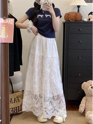 Plus Size High Waist Lace A-Line Long Skirt for Women - Sweet & Elegant Fairy Style