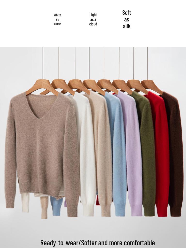Women's Pure Cashmere V-Neck Pullover Sweater - Knitted, Simple, Versatile Layer
