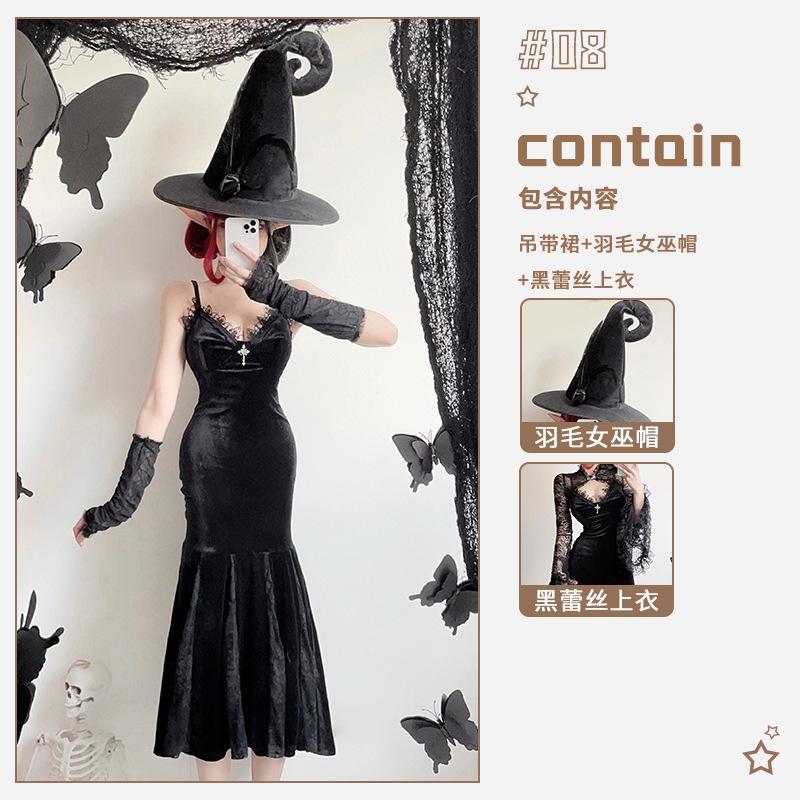 Dark goth halloween costume black dress long sexy witch costume