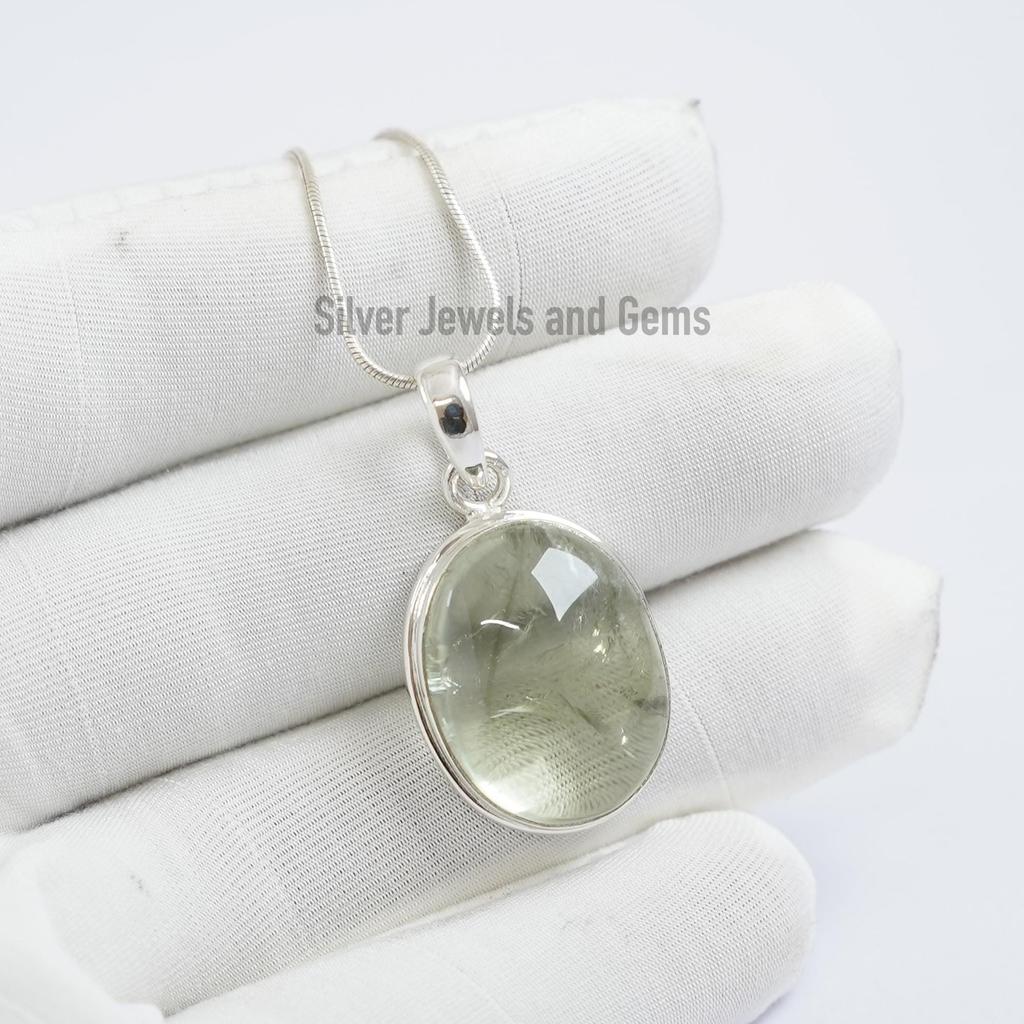 Natural Green Amethyst Pendant, 925 Sterling Silver Pendant, Birthday Pendant, Oval Gemstone Pendant, Handmade Pendant
