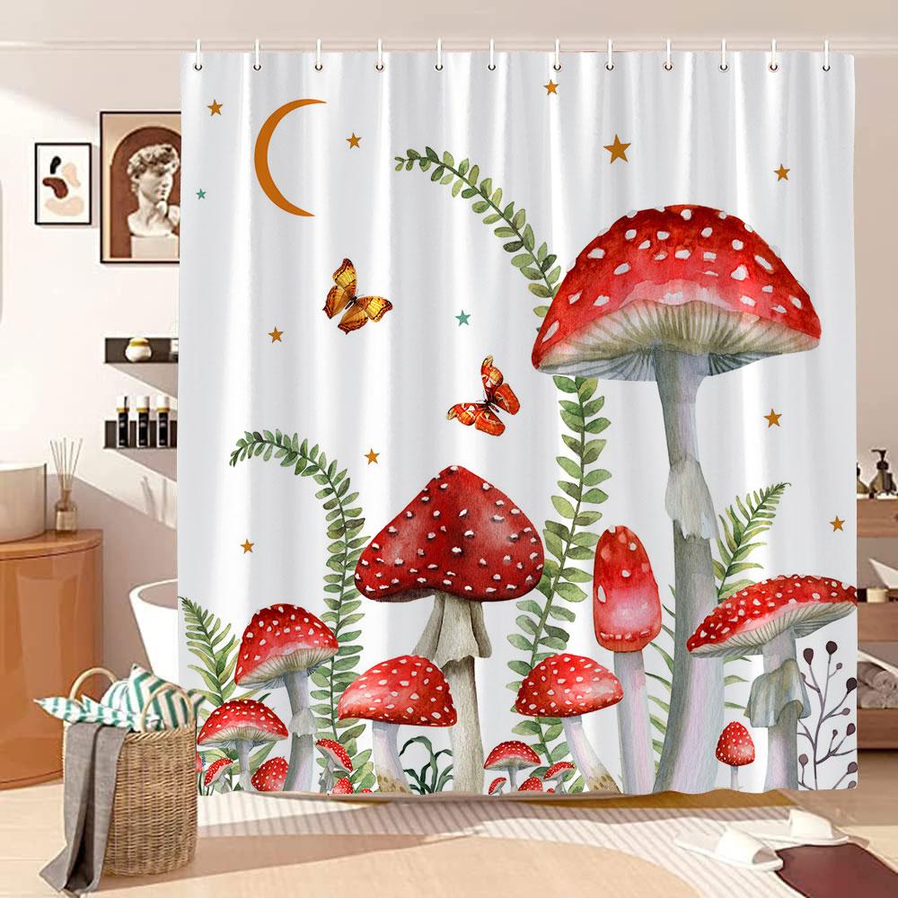 Mushroom Shower Curtain Retro Butterfly Floral Boho Moon Botanical Wildflowers Green Plant Aesthetic Bath Curtain Bathroom Decor