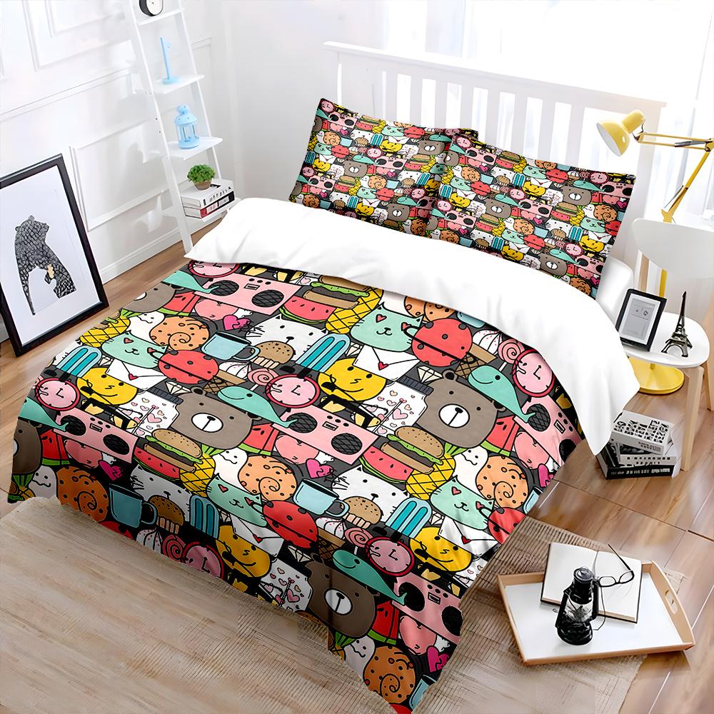 Cartoon Animals And Food Collage Print Bedding Set 1 Duvet Cover 2 Pillowcases For Adult And Children Luxury Gift Full Size