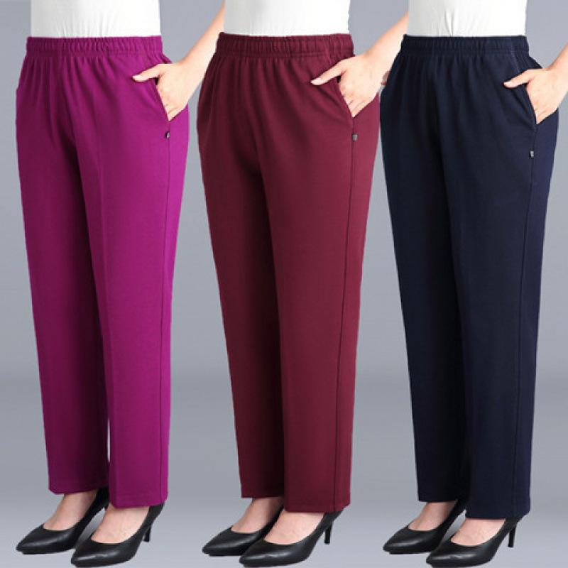 Black Cotton Middle-aged Mother Trousers Loose Elastic Waist Casual Pants Spring Autumn Loose Solid Women's Straight Pants