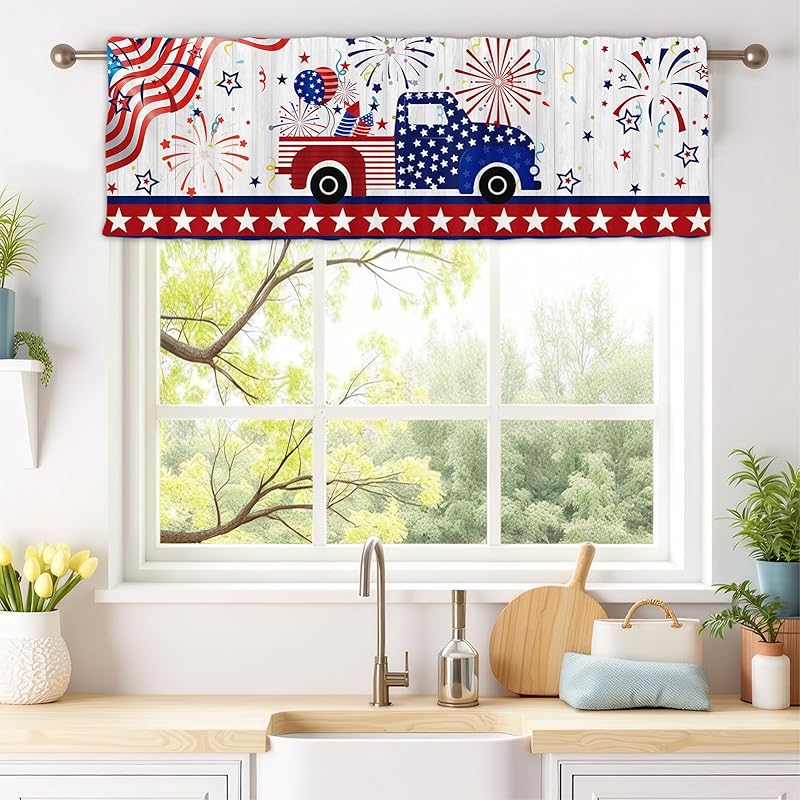 

Qian 4th of July USA Flag Independence Day Windows Treatment Valances Blackout Drapes Kitchen Curtains Bathroom Bedroom Living Room Decoration Rod чёрный