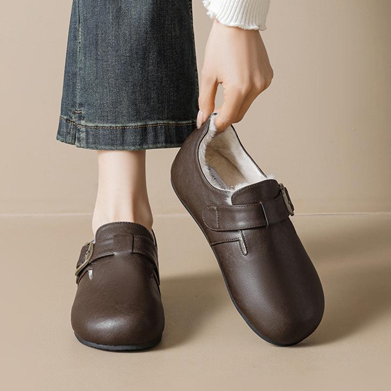 Fashion Brand Winter Fur Shoes Women Loafers Warm Plush Flat Non-slip Ladies Cotton Shoes Brown Black Plus Size 42