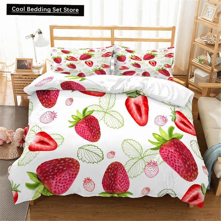 Red Strawberry Cute Bedding Set 3D Pink Lovely Summer Fruit Duvet Cover King Queen For Kids Girls 2/3Pcs Polyester Quilt Cover