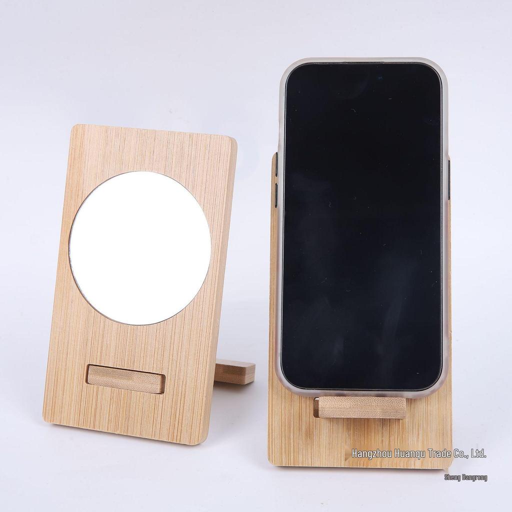 Portable Bamboo Mini Makeup Mirror with Phone Holder