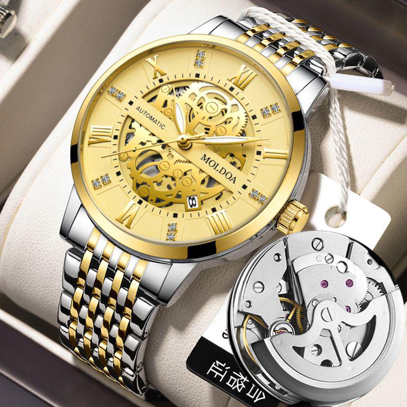 Herren Trendige Wasserdichte Automatische Mechanische Uhr mit Leuchtanzeige und Kalender