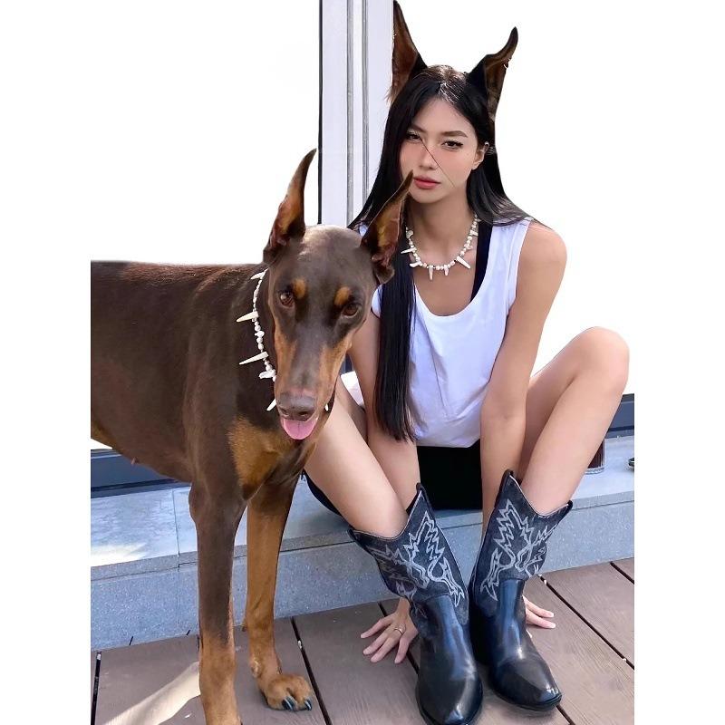 Cowhide Version Retro Denim Color Matching Short Boots Women's Western Boots Medium Tube Fashion Versatile High Heel Fashion Boots