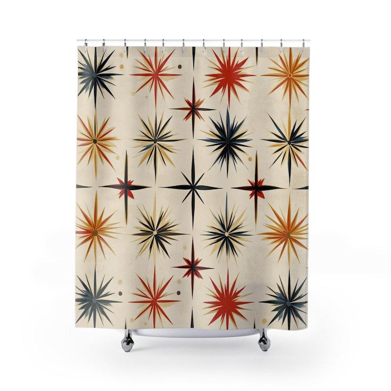 Starburst Shower Curtain - Retro Mid-Century Design, Atomic Era, Geometric Pattern, Vintage Bath Decor