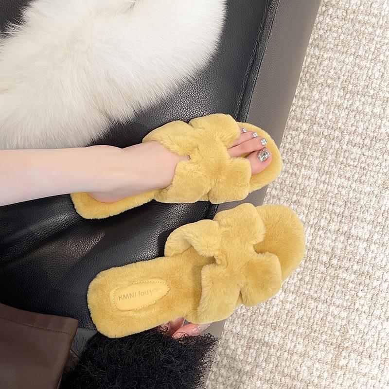 Thick-soled fluffy slippers women's wear 2025 new autumn and winter Internet celebrity rabbit fluffy fluffy shoes one-word cotton slippers