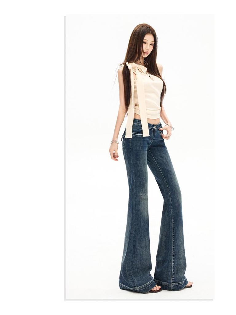 Yi Mengling Retro Washed Women's Micro-Flare Jeans - 2026 Spring Collection, High Elasticity Slim Fit.