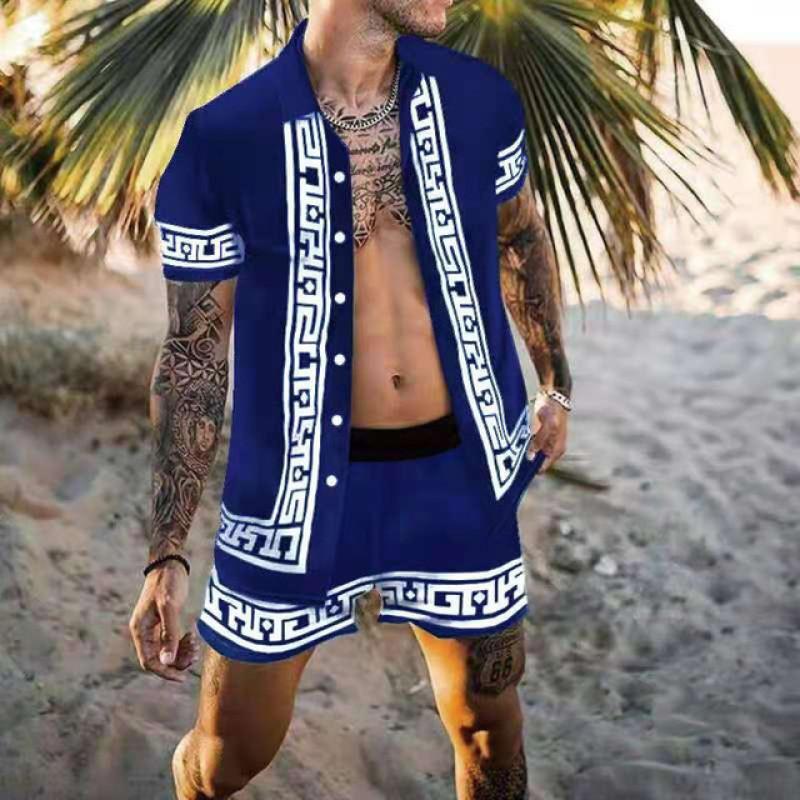 Geometric Printing Fashion New Beach Men's Summer Shirt Suit Casual Breathable  Short Sleeve Shirt Beach Shorts Men Set