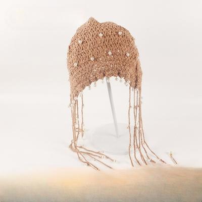 Reise-Handgestrickte Mütze Perlenquaste Hohlmütze Prinzessinnen-Atmungsaktive Kuppelmütze Damen Ethnisch Stil Hohl-Design