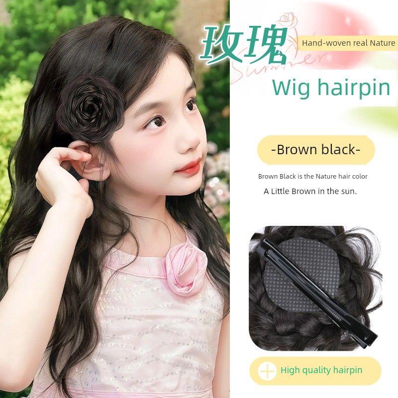 

Kids Bun Wig Chen Torino Same Rose Barrettes Girl Style One Clip for Atmosphere Hair Bag Rose hair card [Brown black] Single Pack