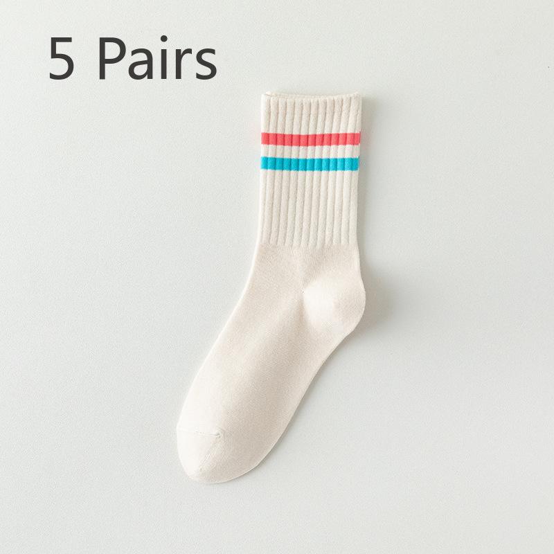 5 Pairs of Women's Summer Thin Stripe Sport Badminton Pure Cotton Tube Socks