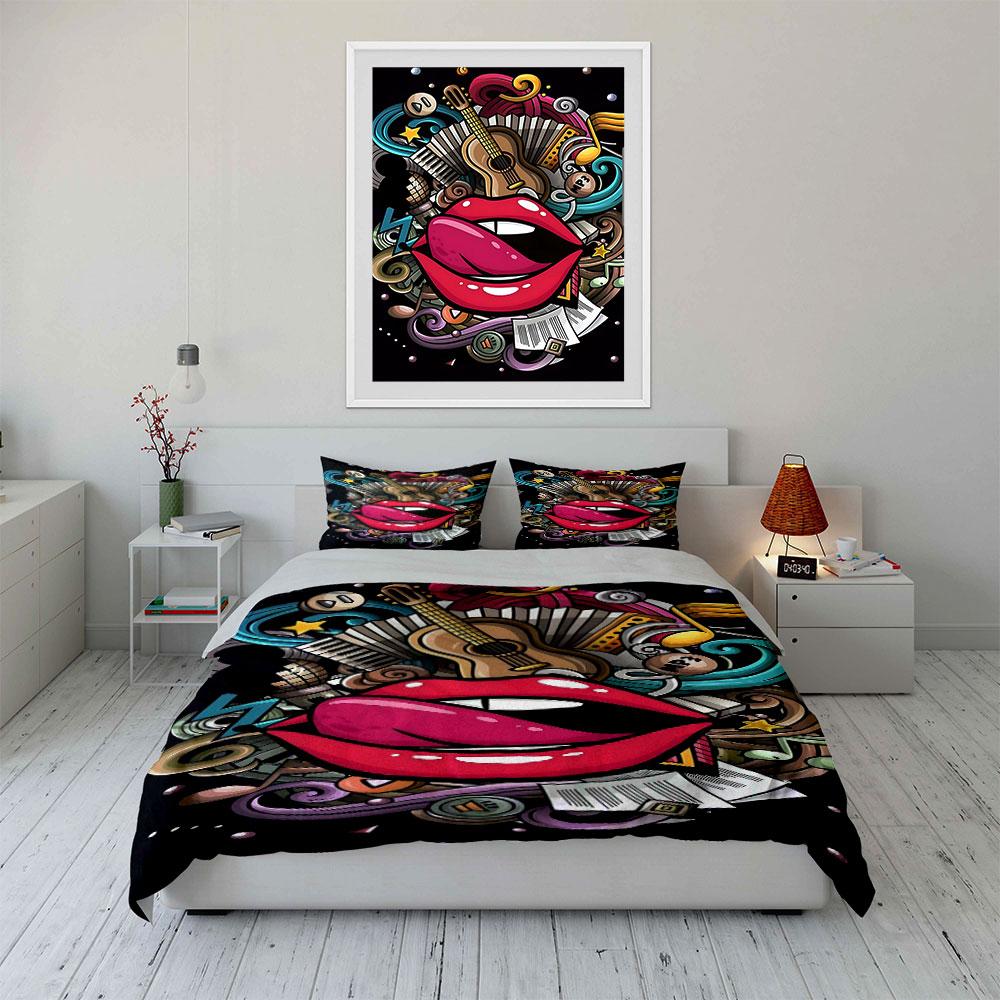 Pink lips, guitar, swirls. Bedding sets Duvet cover sets Duvet covers Pillowcases(1 * Duvet Cover 2 * Pillowcases without duvet insert)
