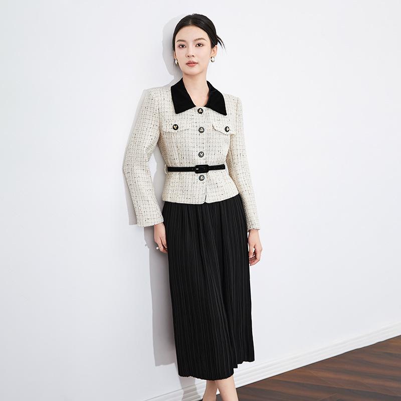 French Light Luxury Sequin Tweed Jacket + Pleated Midi Skirt Set