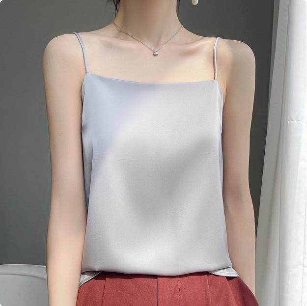 2025 Women's White Satin Camisole Tank Top: Elegant Back Design, Imitation Silk Summer Innerwear