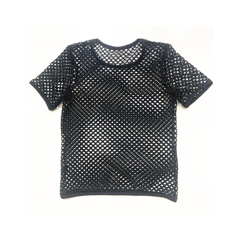

Midriff Outfit round Neck Mesh Ins T-shirt Short Sleeve Blouse Black 2XL
