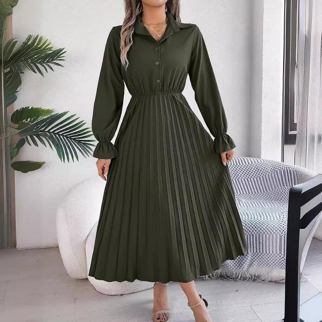 Spring Summer Women Long Sleeve Solid Pleated High Waist A Line V-Neck Long Dress