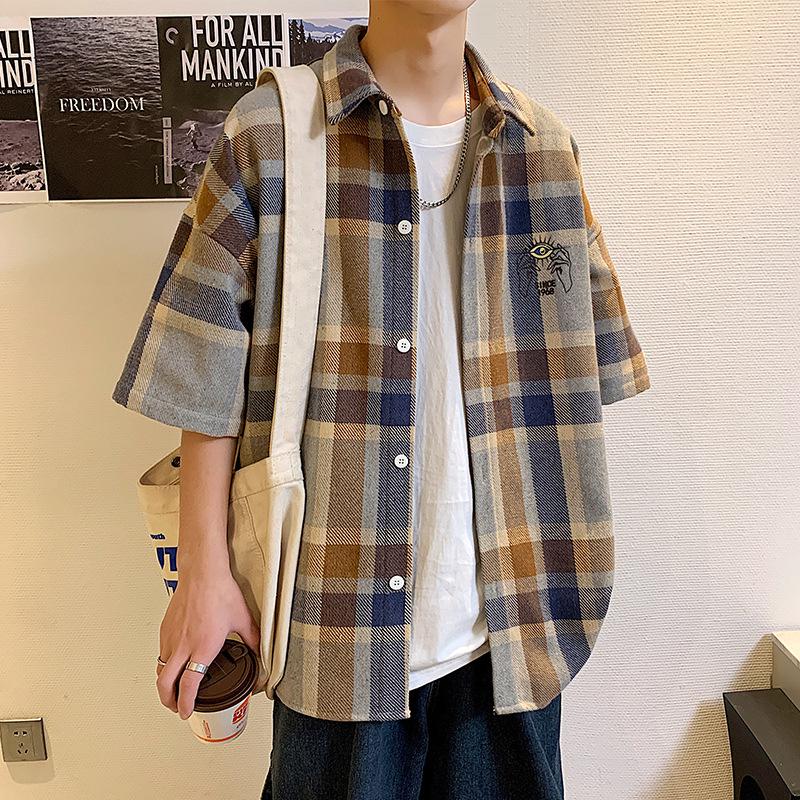2024 Spring/Summer Plaid Short-Sleeve Loose Shirt for Male Students