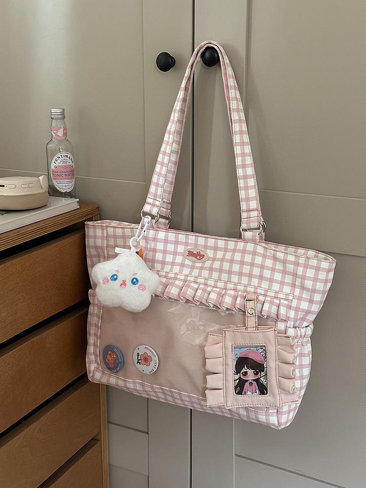 

2025 Cute Checkered Ita Bag - Small Capacity, Transparent, Versatile, and Perfect for Commuting or Casual Use рожевий