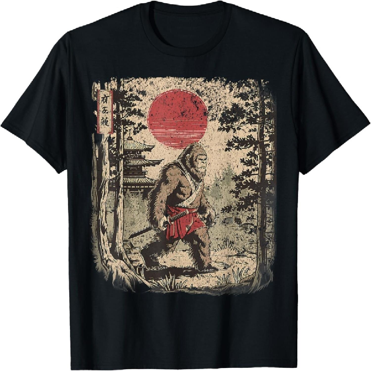 Винтажная футболка с японской графикой укиё-э: Самурай Бигфут S