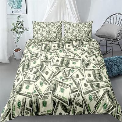 Para Nevresim Takımı Dolar Yığını Desenli Para Birimi Zenginlik Temalı Dekoratif Polyester Yatak Takımı Yastık Kılıflı King Boy