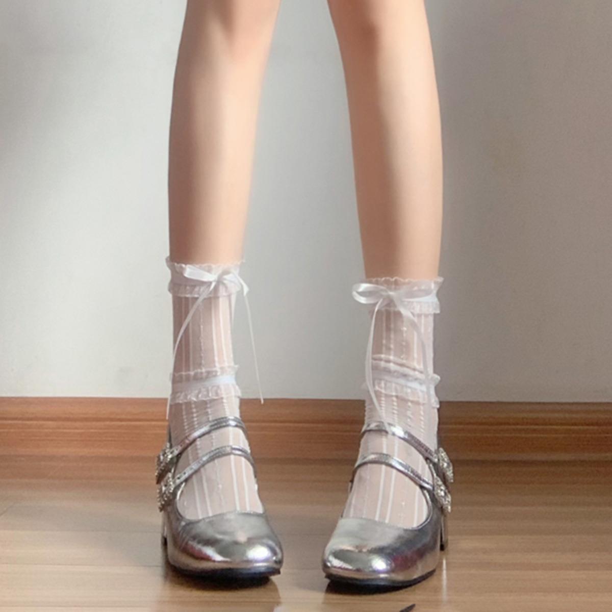 Women s Ballet Style Ribbon Bow Lace Socks - Mid-Calf Ruffle Lolita JK Design