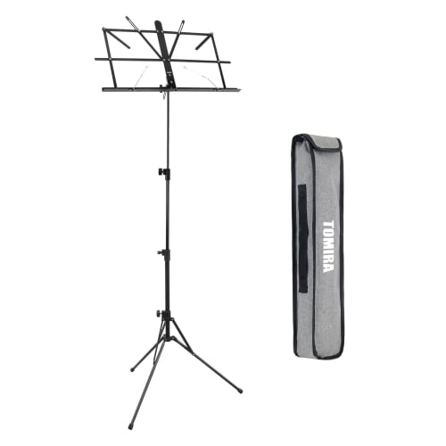 

Lightweight and portable aluminum alloy music stand (under 500g), folds to approximately 46cm, and is universally sized for adults and children. Inclu