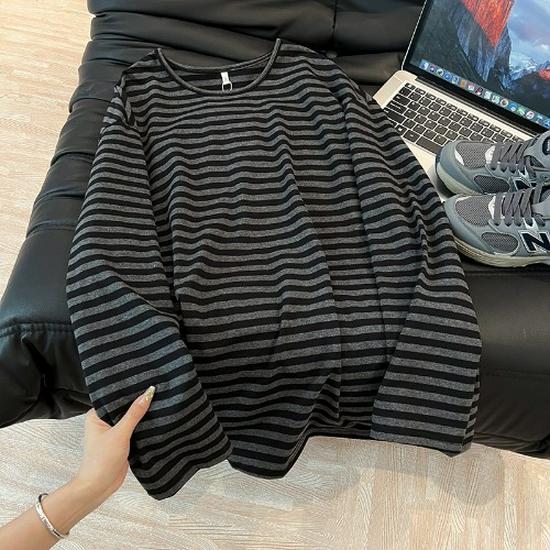 Women s Oversized Black and Gray Striped Long-Sleeve T-Shirt - Early Autumn 2025 Style XL