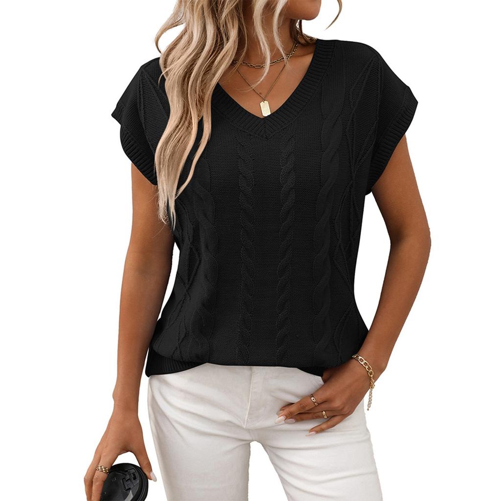 Women's Fashionable Solid Color V Neck  Short Sleeved Pullover T-shirt Top