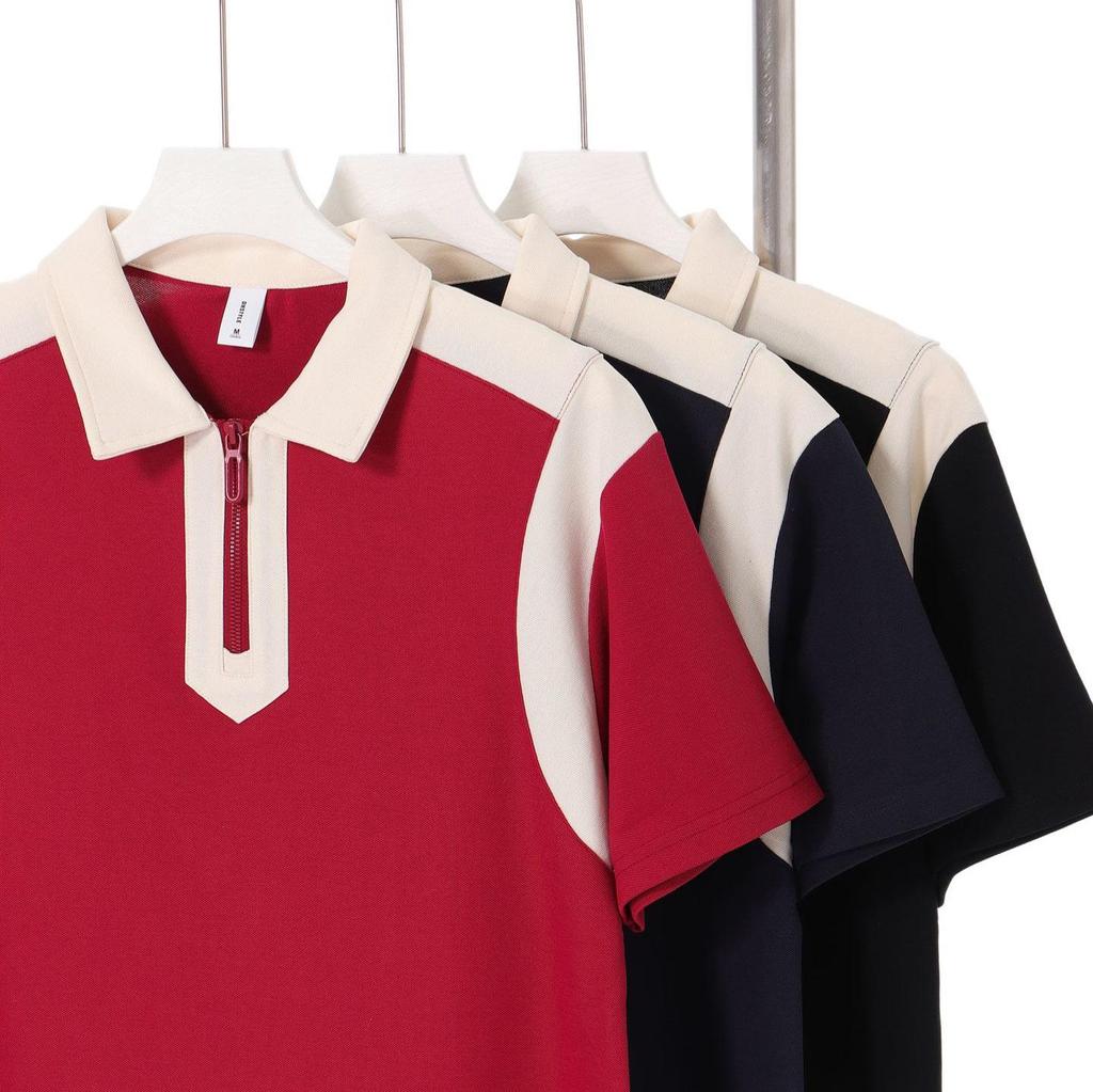 Trendy College Style Contrast Polo: Heavy 240g Pearl Cotton, Half-Zip, Drop Shoulder, Short Sleeve