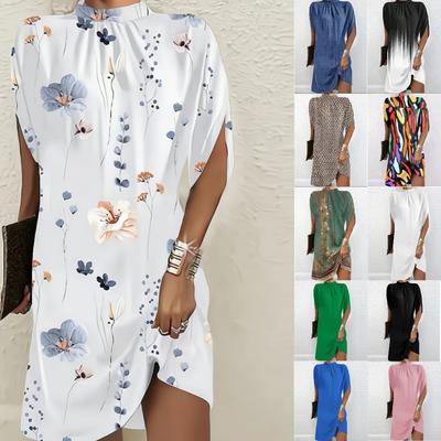 Women Summer Dress Flower Print Short Sleeve Loose Soft Breathable Colorfast Pullover Above Knee Length Mini Dress