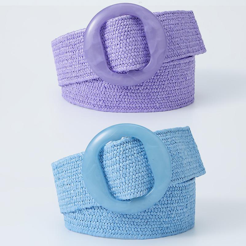 Summer Resin Round Buckle Pp Grass Elastic Woven Wide Belt Beach Niche Exterior Dress Waist Seal