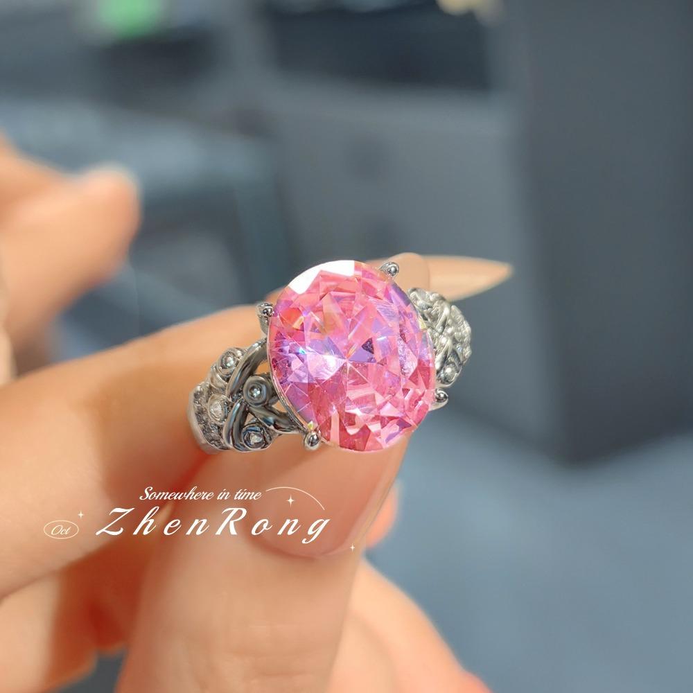 Elegant Open Ring Pink Diamond Women Ring Light Luxury Classic Pigeon Egg High Carbon Diamond Fashion Jewelry