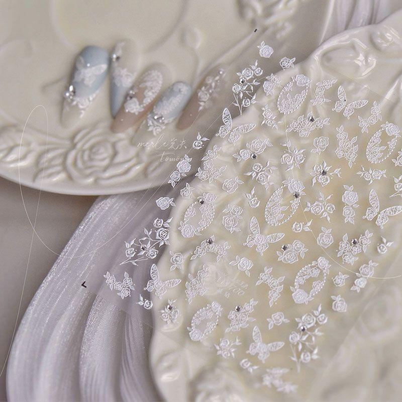 

White Rose Butterfly Nail Sticker Tomoni Relief Adhesive 5D Net Red White Lace Nail Sticker Decorations White Rose Butterfly 700((Crystal Drill))
