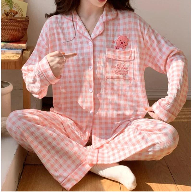 Autumn New Pure Cotton Cartoon Lapel Long-sleeved Two-piece Silk Pajamas Women's Home Wear Set Women's Pajamas