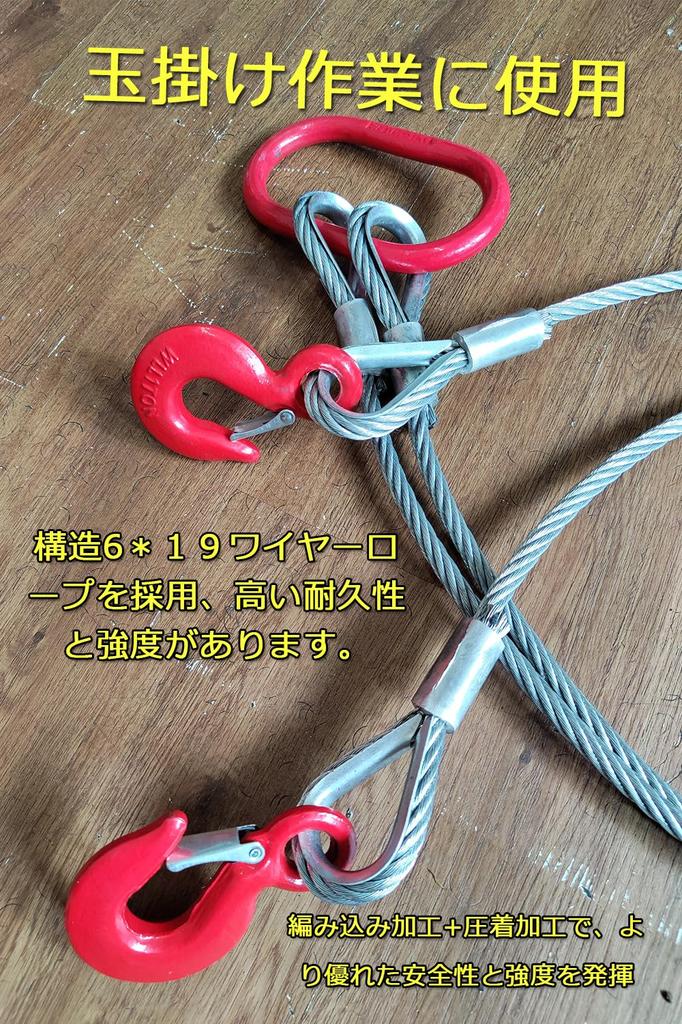 2-leg Wire Rope Sling, 1.5m, 2000kg (2t) Capacity, with Lifting Hook Ring. [2-leg, 2.0t]