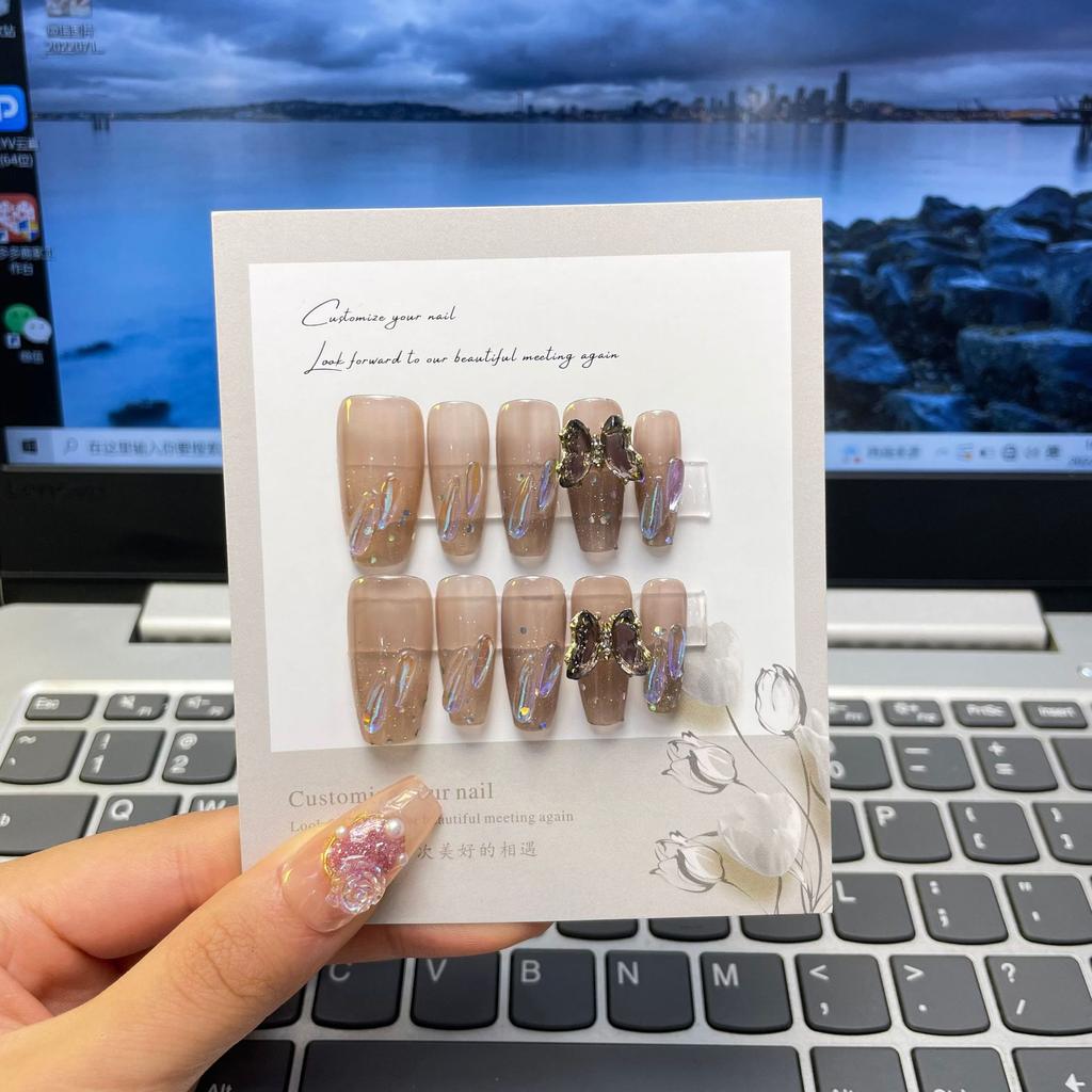 10pcs/set Purely Handmade Wearable Nails Removable Nail Art French Simple False Nails Finished Long and Short Nails