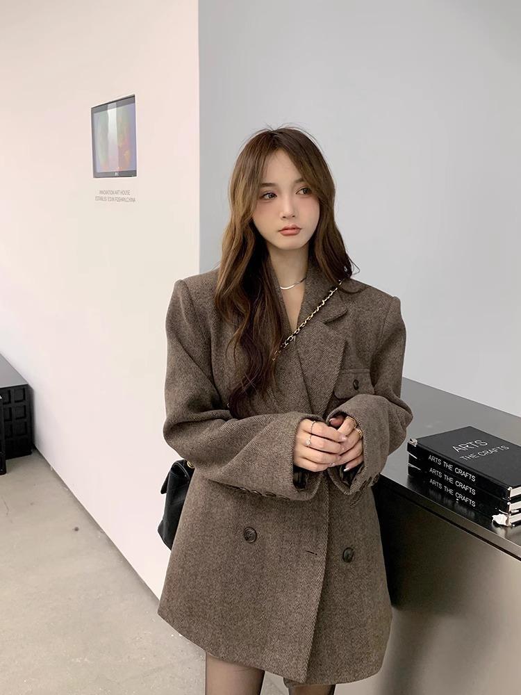 New Korean Chic Elegant Reversible Cashmere Coat Women Autumn Winter Loose Woolen Blazer Jackets Short Streetwear Clothes