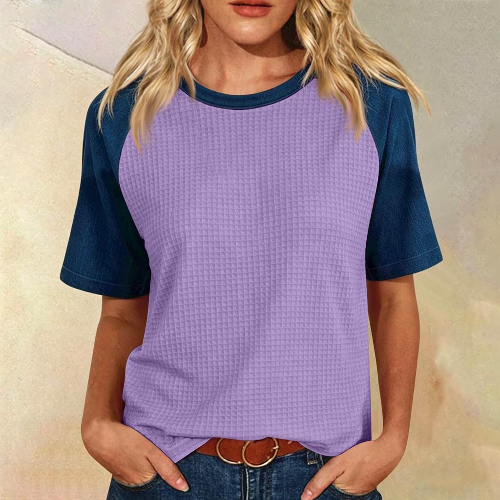 Women’s Casual Vintage Lightweight Plus Size Waffle Knit Raglan Crewneck Top Loose Fit Short Sleeve Pullover Shirt