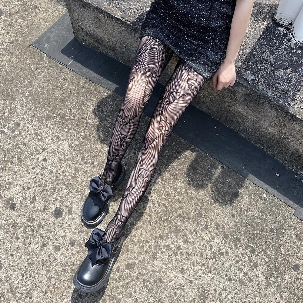 Japanese Kitty Pattern Cute Fishnet Socks - Black Jacquard Hollow Stockings