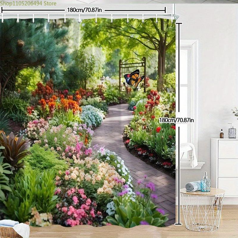 1pc Vibrant Garden Pathway Shower Curtain - Serene Garden Atmosphere with Colorful Flowers, Wooden Gate & Butterfly Sculpture