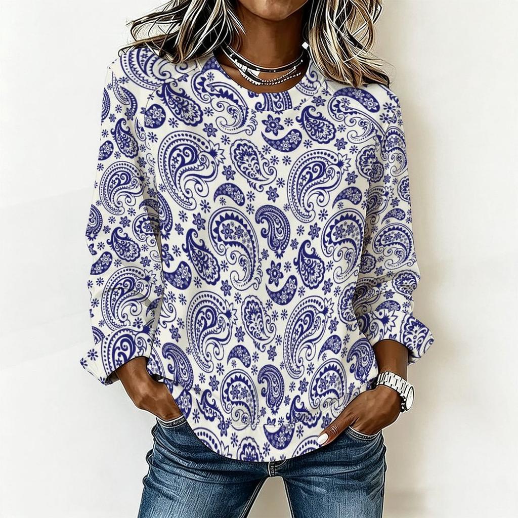 Women Oversized Long Sleeve T Shirt Abstract Wave Printed Casual Loose Daily Wear Blouse