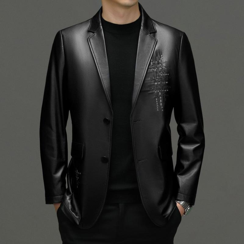 

Первый слой козьей кожи кожаная куртка мужской модный костюмный воротник повседневный кожаный маленький пиджак 195 чёрный